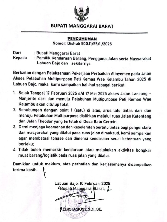 Pengumuman tertulis Bupati Edi, terkait penutupan akses jalan Lancang-Menjerite.